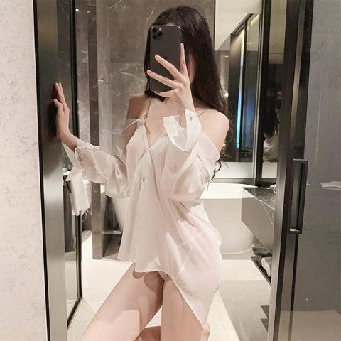 Transparent Chiffon Sexy Shirt Off-shoulder Suspender Nightdress, Free Size